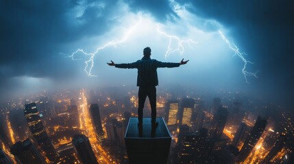 A person stands on a skyscraper rooftop, arms outstretched, facing a cityscape illuminated by lightning in a dramatic storm.