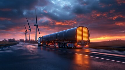 Wind turbine blades, being transported on a truck, open highway, clear sky