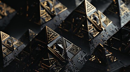 Sticker - A 3D rendering of a complex geometric pattern with black, gold, and diamond elements.