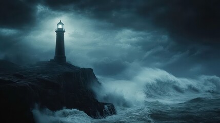 A lighthouse standing alone on a cliff, waves crashing below, [isolation], [guidance in darkness]