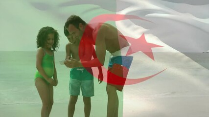 Sticker - Animation of flag of algeria over caucasian family taking photo at beach