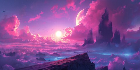 Wall Mural - A vibrant pink sunset over a fantastical landscape with a large, crescent moon and a city in the distance.