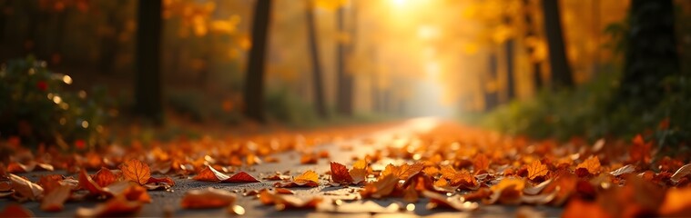 Wall Mural - A peaceful pathway covered in vibrant autumn leaves, with warm sunlight filtering through the trees