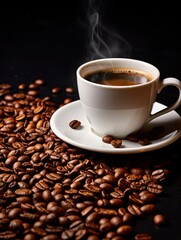 International Coffee Day. White coffee cup stock image. White coffee cup on dark background. Cup of coffee with coffee beans. Coffee Day poster, October 1. with generative ai