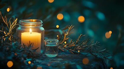 Wall Mural - A candle in the center of the frame, surrounded by rosemary and bokeh lights