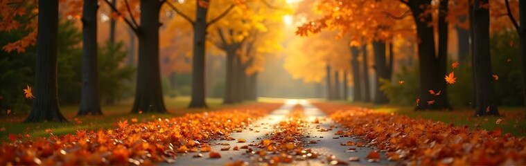 Wall Mural - Tree-lined path in autumn, covered with vibrant orange leaves and illuminated by golden sunlight