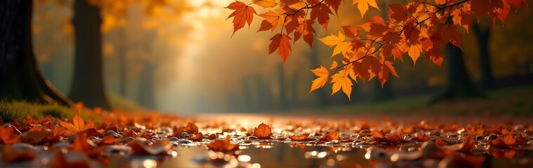 Wall Mural - Sunlit autumn leaves on a branch with a path covered in fallen leaves, glowing in the warm light