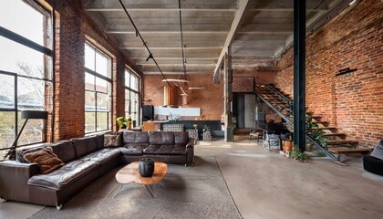 Wall Mural - Industrial interior design of a loft apartment, showcasing exposed brick walls