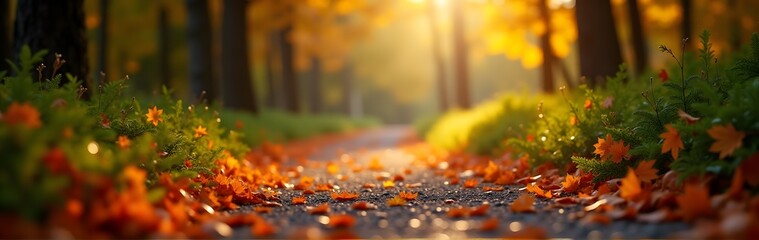 Wall Mural - A peaceful autumn path with scattered orange leaves and soft sunlight filtering through the trees