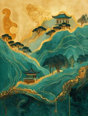 Wall Mural - Abstract painting with gold and green hues, featuring two pagodas on a mountain range.