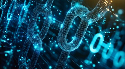 A digital illustration of a glowing, futuristic blockchain network with interconnected chains and binary code, symbolizing advanced technology and data security.