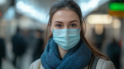 Person in a crowded space wearing a face mask, with a blurry background and blank space for advertising.