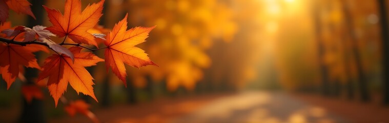 Wall Mural - close-up of orange maple leaves in autumn sunlight with a blurred forest background