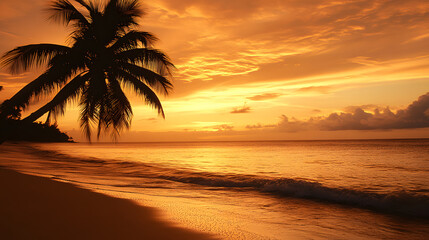 Tropical beach at sunset with swaying palm tree and calm waves, creating a warm and tranquil evening scene