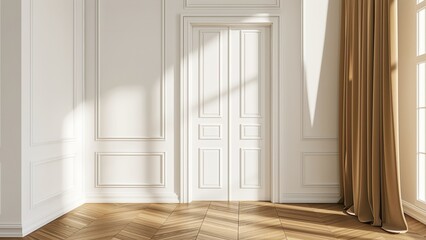 Wall Mural - 3d rendering of a room with white doors and walls and brown curtains