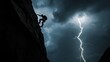© kittikunfoto - A climber ascends a steep rock face as a lightning bolt illuminates the stormy night sky, highlighting the intensity and danger of the moment.