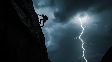 a climber ascends a steep rock face as a lightning bolt illuminates the stormy night sky, highlighti