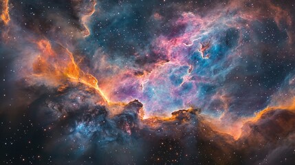 a mesmerizing abstract cosmic nebula with swirling patterns of vibrant pink, blue, and orange colors