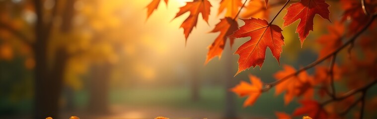 Wall Mural - Close-up of red autumn leaves in sunlight with a blurred warm background