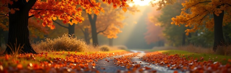 Wall Mural - An autumn path with fallen leaves and trees bathed in golden sunlight