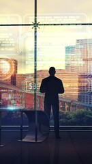 Wall Mural - silhouette of a businessman in the office opposite the hologram, 3d render.