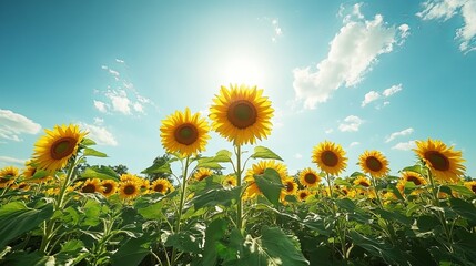 Wall Mural - A Field of Sunflowers Facing the Sun on a Sunny Day