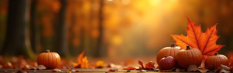 Wall Mural - Pumpkins and a large maple leaf on a leaf-covered path with autumn foliage and golden sunlight