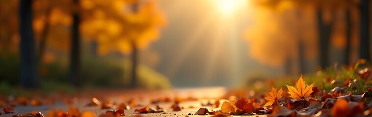 Wall Mural - A sunlit autumn path with scattered orange leaves and a warm, tranquil glow from the setting sun