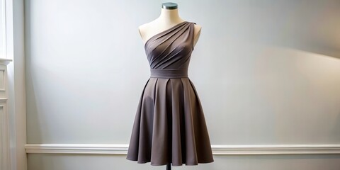 A sleek, knee-length dress features a fitted bodice, flared skirt, and diagonal line from one shoulder to the