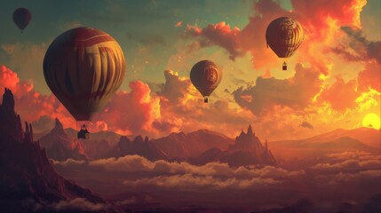 Three hot air balloons fly over a mountain range at sunset with a clear sky and clouds.