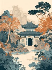 Wall Mural - Traditional Asian-style illustration with a pagoda, mountains, and trees.