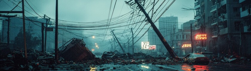 Downed power lines in a damaged urban area, toppled infrastructure, broken poles, chaotic scene with debris, dramatic lighting, high-resolution textures of storm damage, copy space for disaster