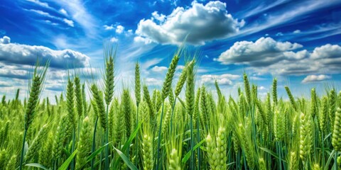 Wall Mural - green wheat plants growing under a blue cloudy sky, agriculture, farm, crop, growth, nature, field, 