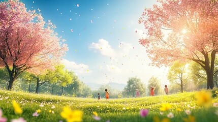 Poster - Children Walking Through a Flower Field Under a Cherry Blossom Tree