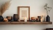 © Home Interior - stylish wooden shelf filled with carefully arranged home decor pieces, including candles, framed art, and unique sculptures, set against a soft, neutral wall