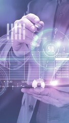 Wall Mural - Businessman works with stock infographics in the virtual panel of the phone.