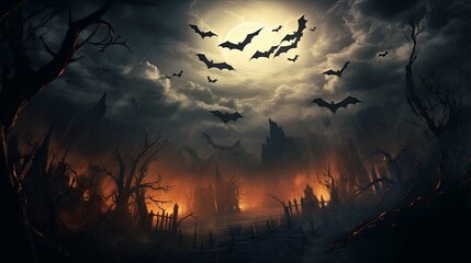 A Spooky, Silhouetted Forest with Bats and a Glowing Moon