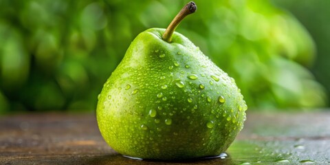 * A vibrant green pear bursts with juicy sweetness, its smooth skin barely yielding to a gentle touch,