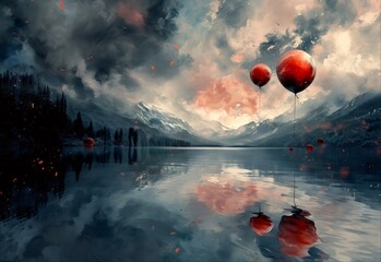 Two red balloons float above a serene lake in a mountain landscape.