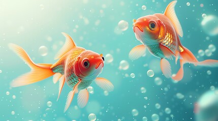 Two goldfish swim in clear blue water with bubbles.