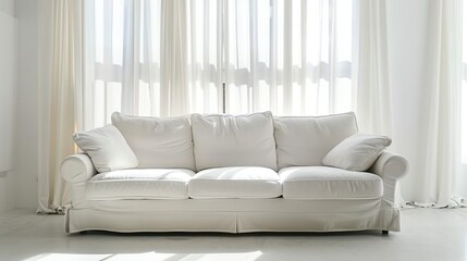 A white couch in a bright room with white curtains.