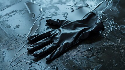 Wall Mural - A black leather glove lying on a wet, dark surface.