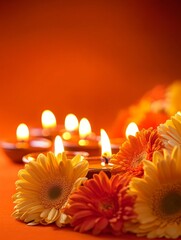 Diwali diya oil lamps with flowers holiday background. Creating a festive and decorative composition.