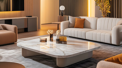 Wall Mural - A sophisticated living room features modern furniture centered around a marble coffee table evoking a serene and elegant atmosphere in warm evening light