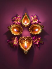 Diwali diya oil lamps with flowers holiday background. Creating a festive and decorative composition.