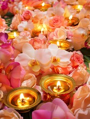 Diwali diya oil lamps with flowers holiday background. Creating a festive and decorative composition.