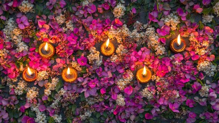 Diwali diya oil lamps with flowers holiday background. Creating a festive and decorative composition.