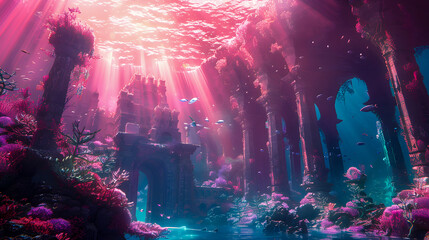 Wall Mural - Fantasy Underwater Seascape with lost city 