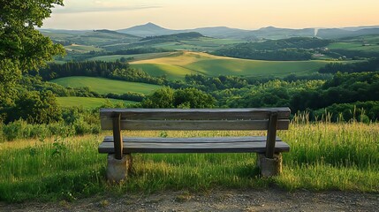 Wall Mural - Wooden Bench Overlooking a Rolling Green Landscape