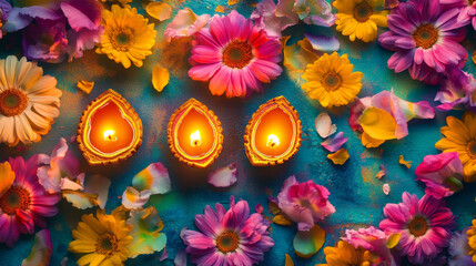 Diwali diya oil lamps with flowers holiday background. Creating a festive and decorative composition.